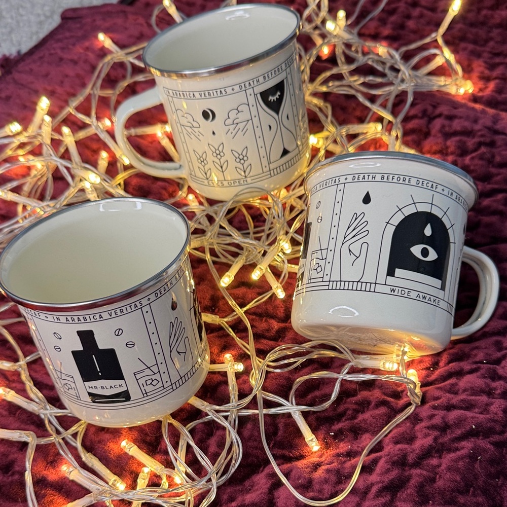 Set of 3 Mr. Black “Death Before Decaf” Enamel Coffee Mugs – Limited Edition